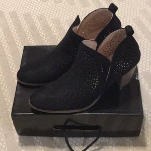 New Black L & B Laser Cut Suede Heeled Bootie